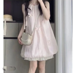 LBSFY -Sweet Pink Butterfly Knot Flower Bud Dress Women's Loose Slimming Short Skirt Summer New Style Student Mini Dress Casual Chic