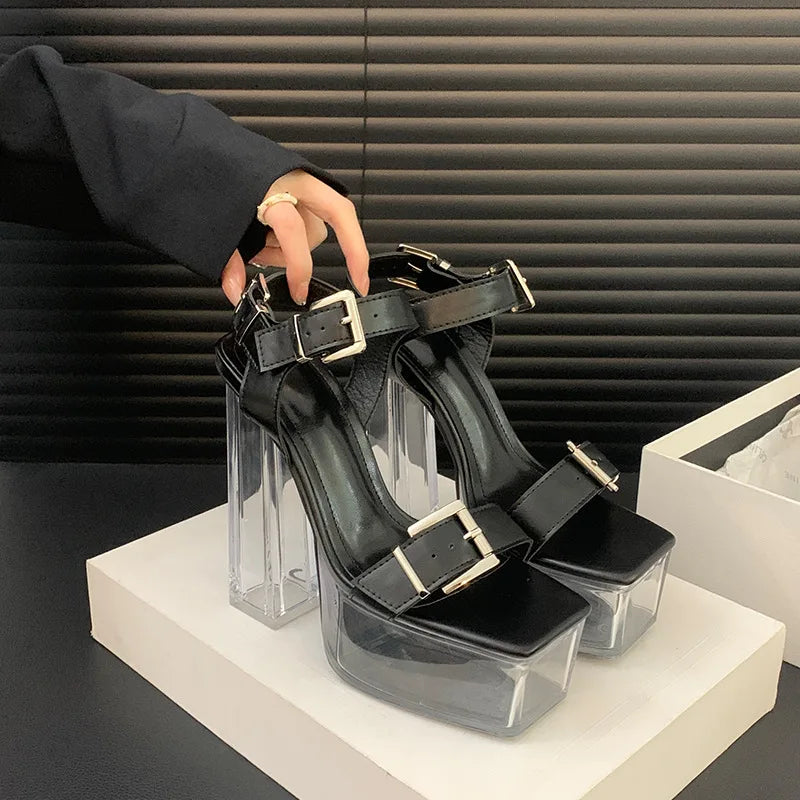 LBSFY  - Transparent Platform Sandals Women Pumps Square Toe High Heel Sandals Female Belt Buckle Open-toe Stripper Party Bridal Shoes