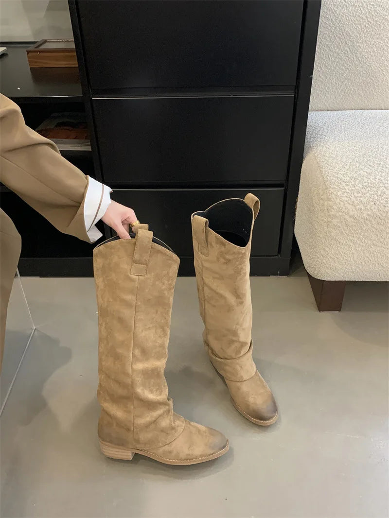 LBSFY  -   Knee High Boots Women Western Cowboy Shoes Block Heel Retro Cowgirl Long Boot