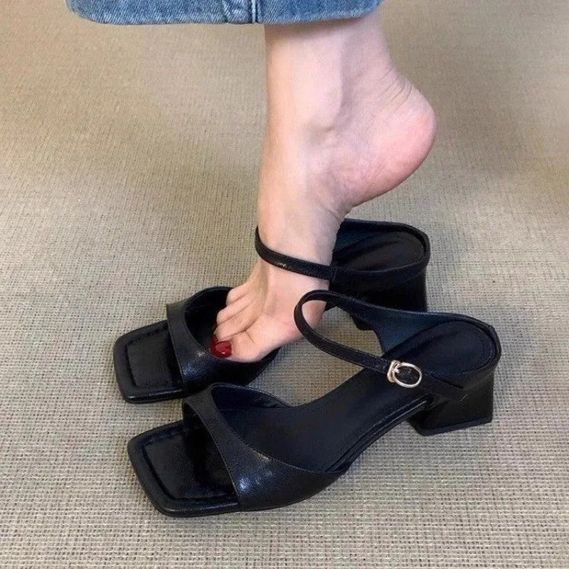 LBSFY -Women's Shoes 2025 New Concise Buckle Strap Square Heel Women's Slippers Fashion Peep Toe Versatile Large Size Modern Slippers