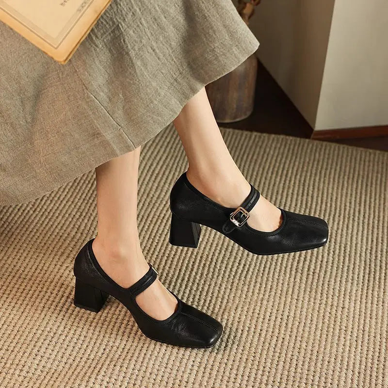 LBSFY  -  2024 New Genuine Leather Shoes Mary Janes Chunky High Heels Office Dress Shoes Square Toe Ladies Pumps