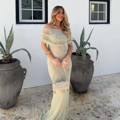 LBSFY -Women's New Vacation Style Strapless Long Dress 3D Flower Fashion Chic Beach Dresssolid Color Knitting Party Summer Dress