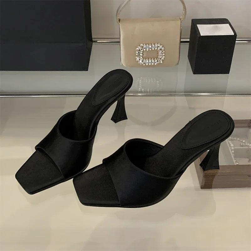 LBSFY -Fashion Satin Square Toe Women Slippers Concise Thin High Heels Banquet Dress Sandals Summer Female Shoes