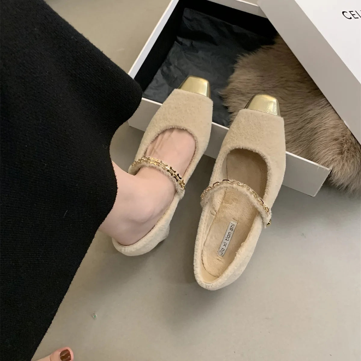 LBSFY  - Winter New Women's Shoes French Thick Heels Mary Jane Single Shoes Women's Plush Shoes Wearing Velvet Cotton Shoes Outside