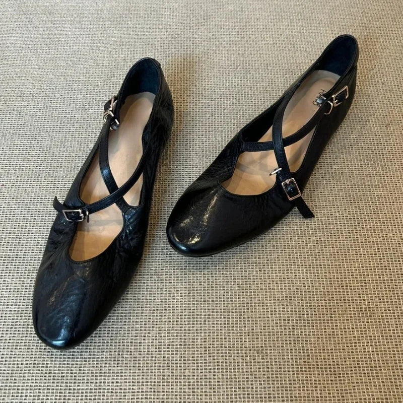 LBSFY  -  Brand Round Toe Flat Ballet Shoes Women Retro Soft Sole Mary Jane Shoes Cross-tied Comfy Low Heel Dress Shoe Casual Mules Shoes