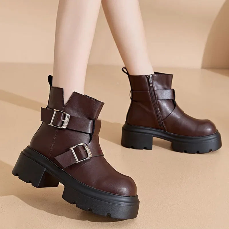 LBSFY  -  British Cow Leather Metal Buckle Women's Ankle Boots Designer Casual Shoes for Women Fashion Spring Autumn Platform Boots Female