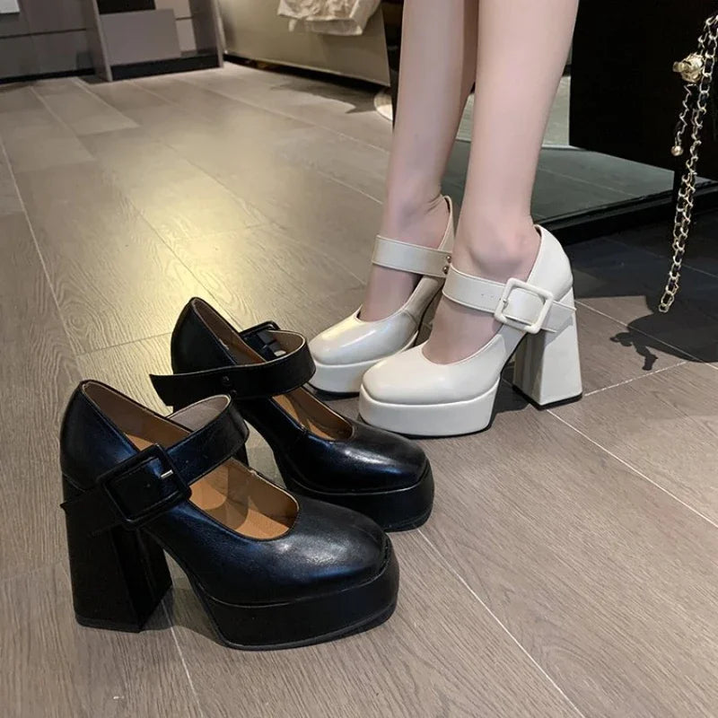 LBSFY  - Chunky Mary Janes Women Pumps Ankle Strap Square Toe Footwear Ladies Spring Black Fashions Platform Platform High Heels Ladies