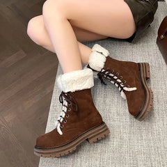 LBSFY  -  Cow Suede Leather Boots Women Lace Up Platform Thick Fur Warm Winter Snow Boots Ladies Fashion Ankle Boots Shoes