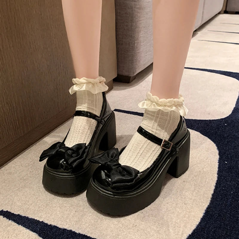 LBSFY  -  Lovely Black Bow Thick Heel Mary Jane for Women Shoes Fashion Increase Women's Shoes Designer Soft Sole Casual Ladies High Heels
