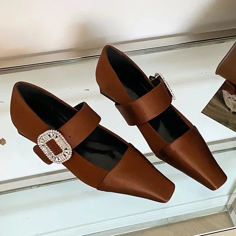 Lbsfy Luxury Silk Designer Women Shoes Crystal Buckle 2025 New Footwear Female Brand Mary Janes Shoes Comfy Low Heel Dress Shoes Women
