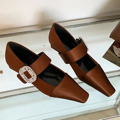 Lbsfy Luxury Silk Designer Women Shoes Crystal Buckle 2025 New Footwear Female Brand Mary Janes Shoes Comfy Low Heel Dress Shoes Women