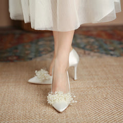 LBSFY  -  30-43 Summer Rhinestone Pearls White Wedding Shoes Women Sexy Pointed Satin High Heels Pumps Stiletto Bride Shoes