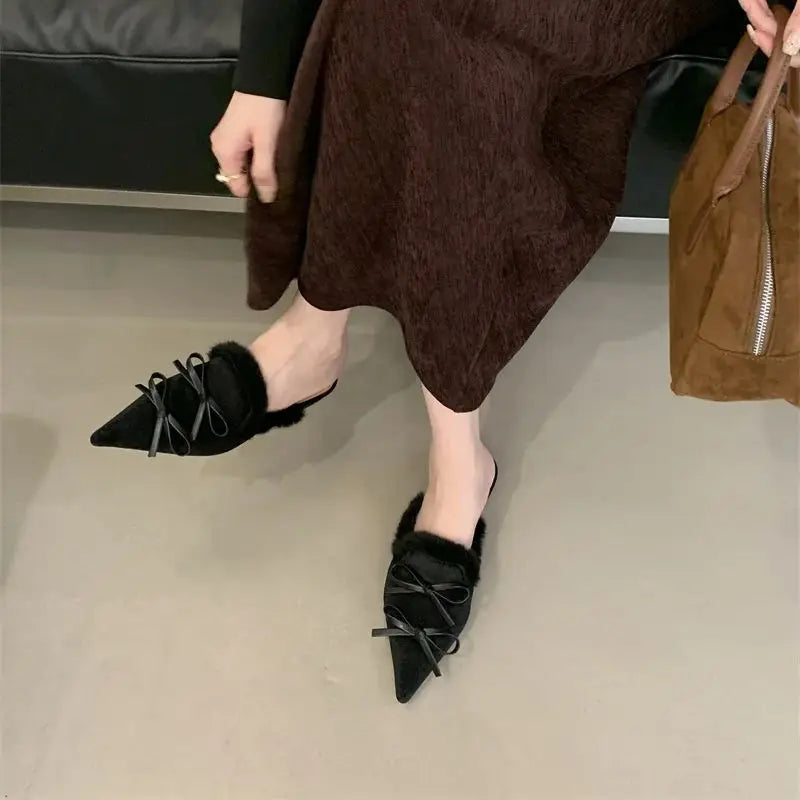 LBSFY  -   Women Flats Mules Shoes Fur Pointed Toe Fashion Slippers Winter New  Trend Designer Slingback Elegant Mujer Zapatillas
