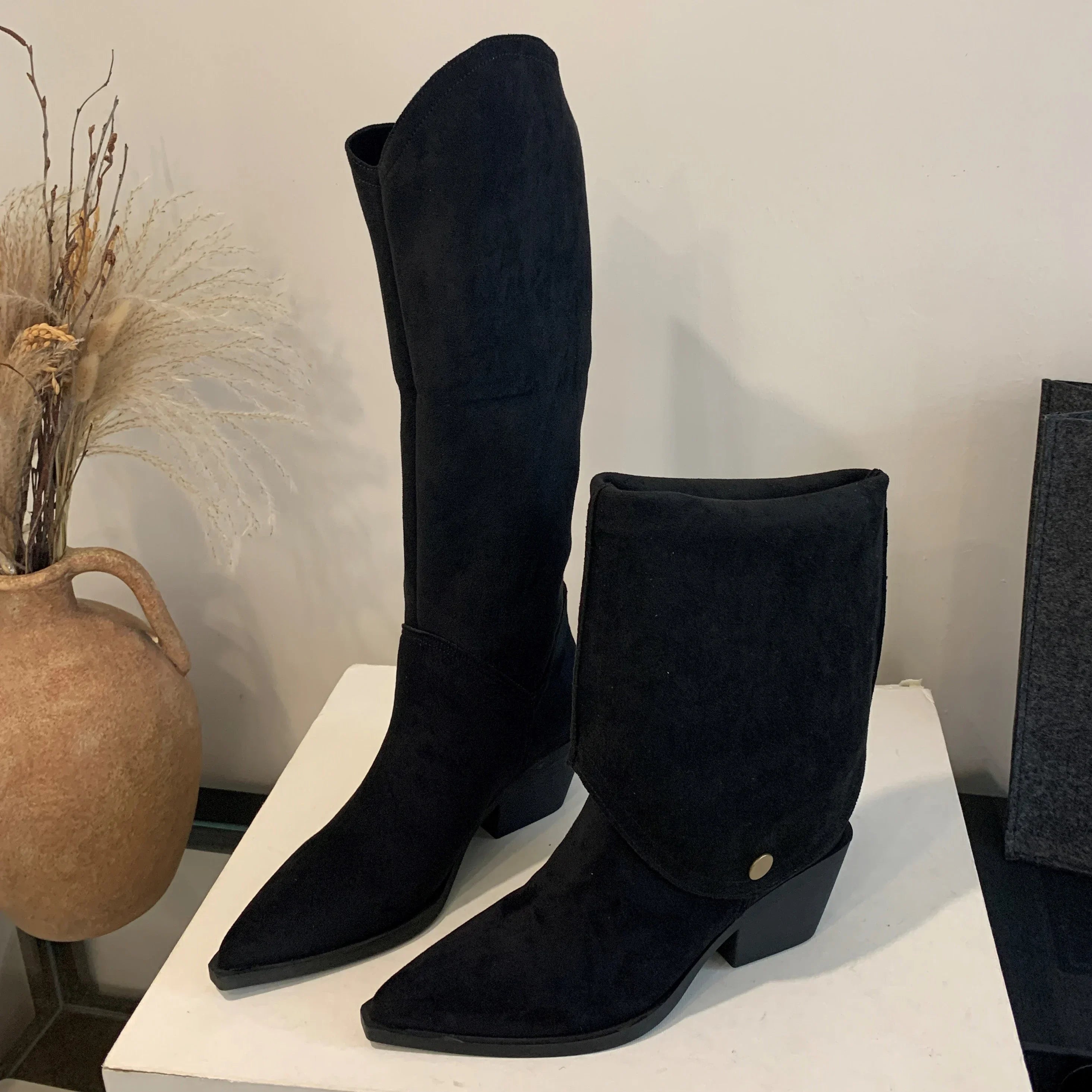 LBSFY -Retro Style Fold Button Women Knee-High Boots Fashion Pointed Toe Square Low Heels Casual Dress Ladies Shoes