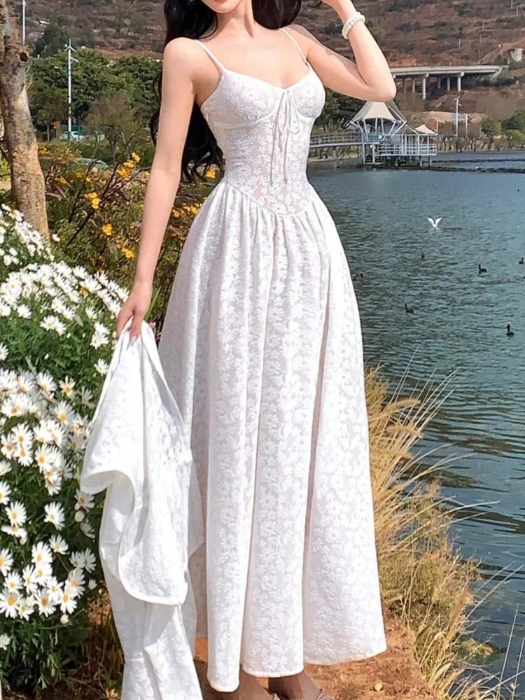 LBSFY -French Elegant Vintage Print Fashion Long Dress Sexy V-Neck Slim Waist Sleeveless Spaghetti Strap Women's Dresses Spring Summer