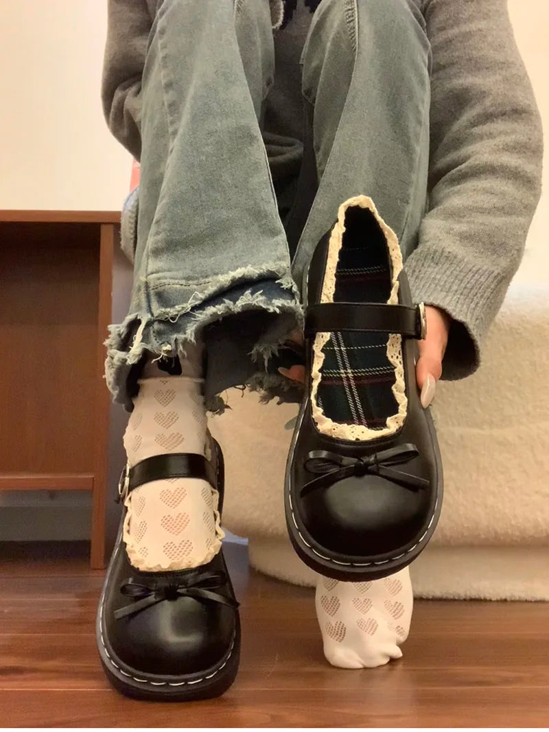 LBSFY -Butterfly-knot Lolita Women Leather Shoes Shallow Round Toe Ladies Concise Outdoor College Style Mary Jane Shoes