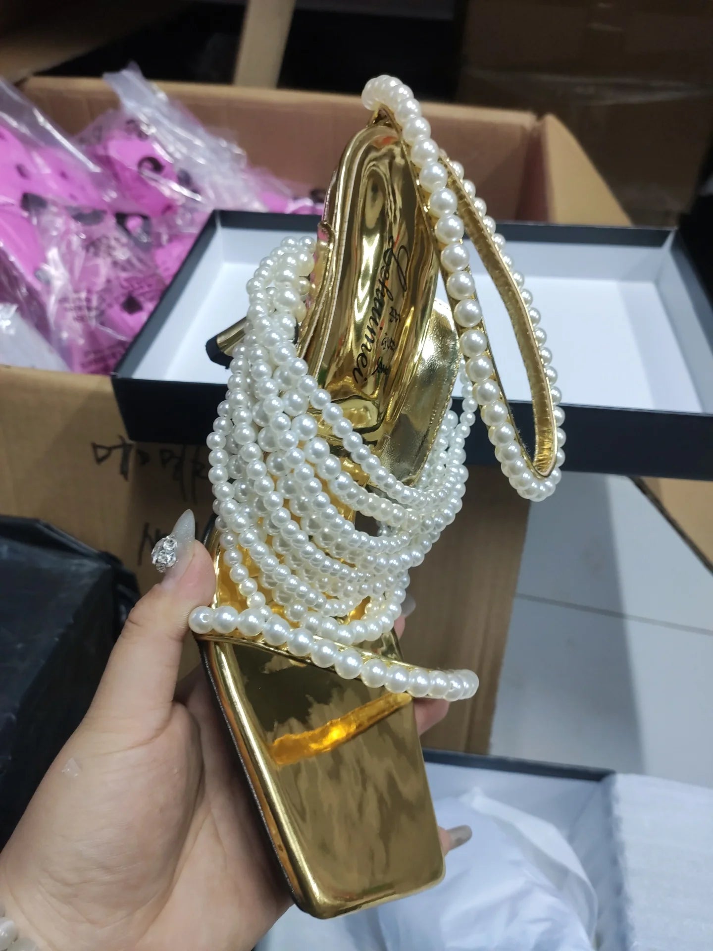 LBSFY  -  New Gold Square Open Toe String Bead Pearl Wrap Slip On Thin Heels Party Summer Sandals Women Elegant Bride Wedding Dress Shoes