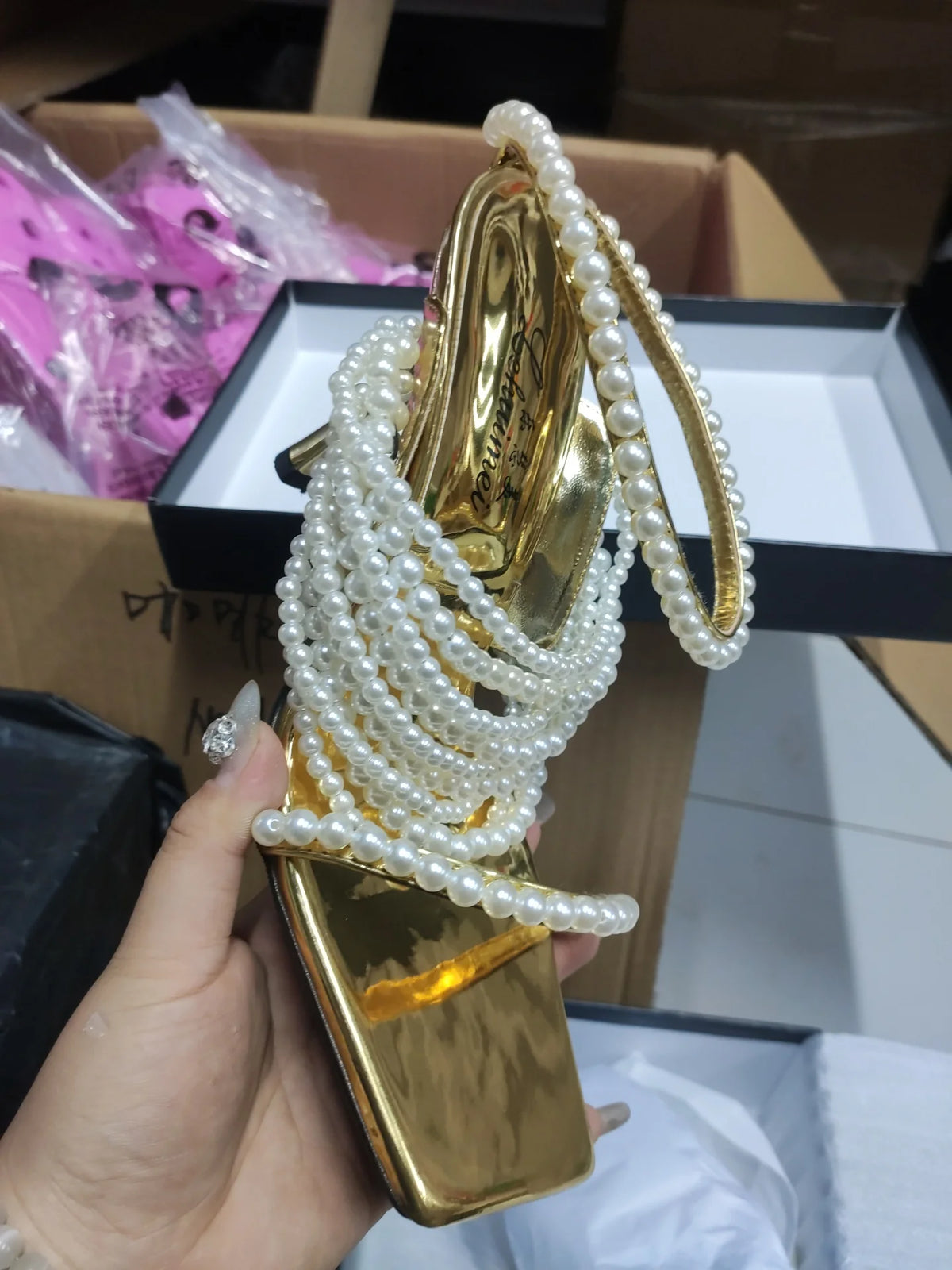 LBSFY  -  New Gold Square Open Toe String Bead Pearl Wrap Slip On Thin Heels Party Summer Sandals Women Elegant Bride Wedding Dress Shoes