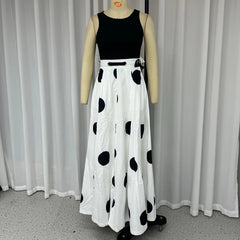 LBSFY  -  2024 Two Piece Set Women Summer Office Chic Solid Sleeveless Round Neck Vest Top Loose Polka Dot Printed Long Skirt Sets