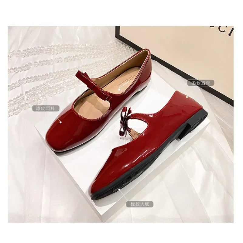 LBSFY -Luxury Bowtie Mary Janes Women Square Toe Shiny LeatherandSilk Flats Ballets Femmes Red Dance Party Ball Bridal Wedding Shoes