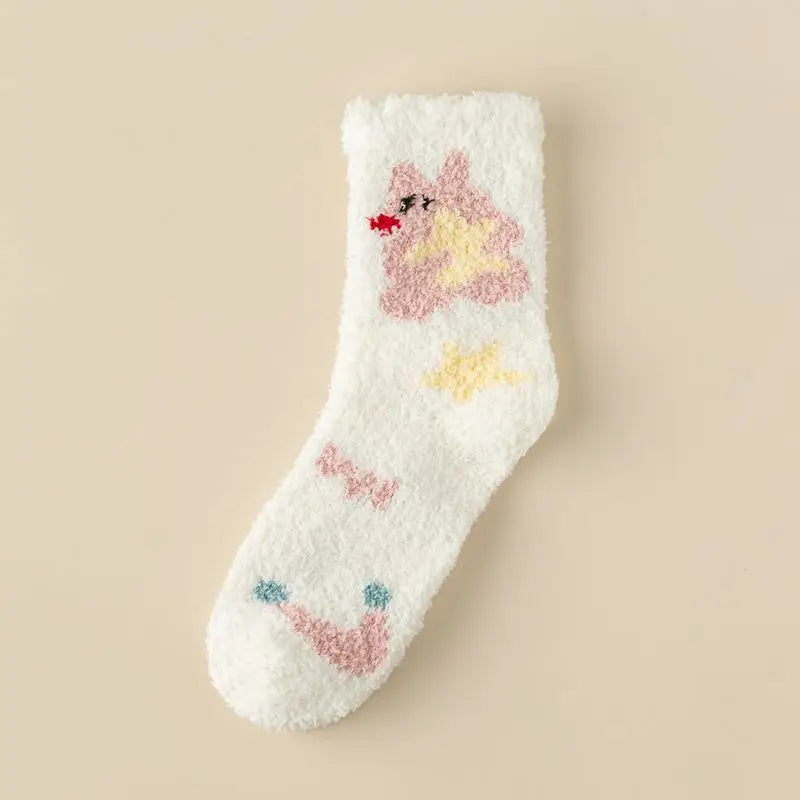 Lbsfy Socks Women Winter Warm Fluffy Fuzzy Cute Middle Tube Thick Thermal Soft Coral Fleece Floor Sleep Cartoon Star Short Crew Socks
