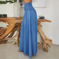 LBSFY  -  Spring Summer New Women's Clothing Light Blue High Waist Smocking Wide Leg Jeans Casual