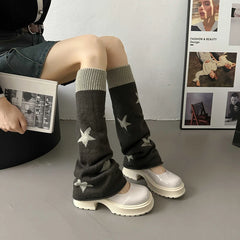 Lbsfy Y2k Star Pattern Knitted Leg Warmers Gothic Loose Leg Cover Sock Girls Winter Casual Leg Protector Stocking JK Thigh High Socks