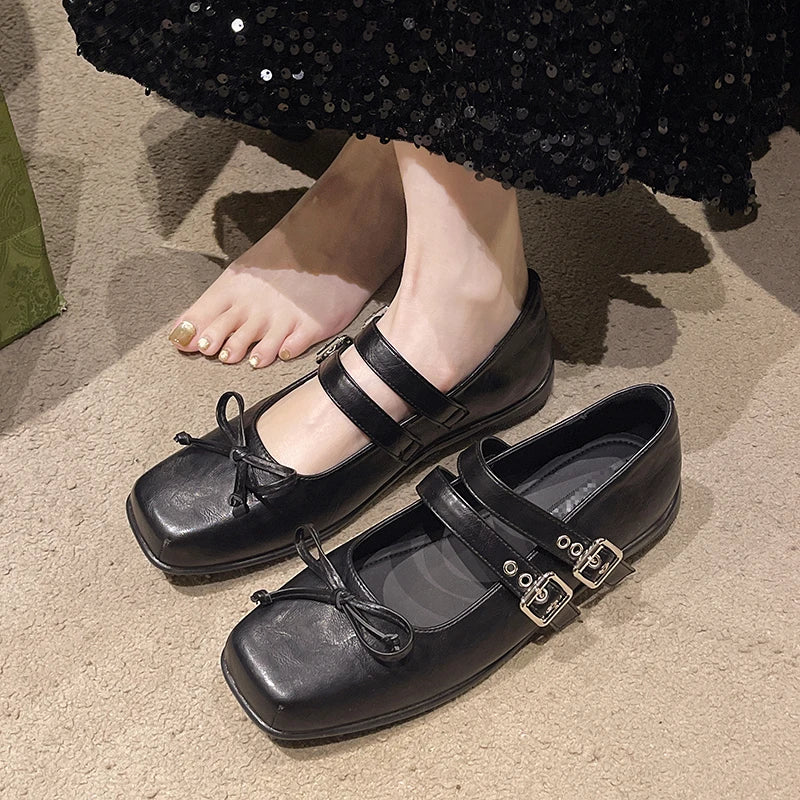 LBSFY -New Style Women's Square Toe Shoes Luxury Bow Flats Ladies Ballet Silver Belt Buckle Footwear Elegant Fashion Mary Jane Shoes