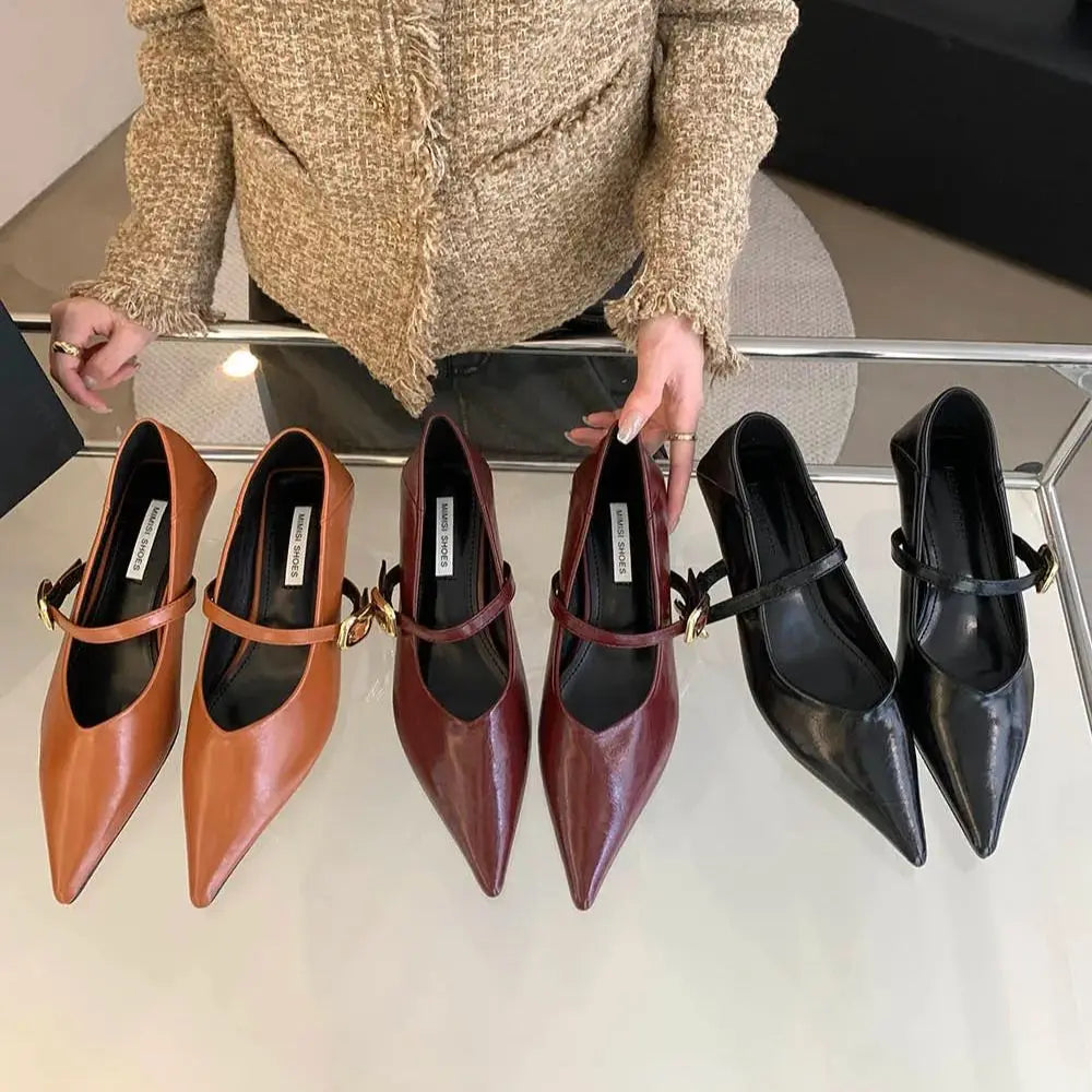 LBSFY  -  Pointed Toe Women Pumps Shallow Slip On Belt Buckle Thin Mid Heels Black Brown Red 2024 New Arrivals Dress Work Pumps Size 35-39