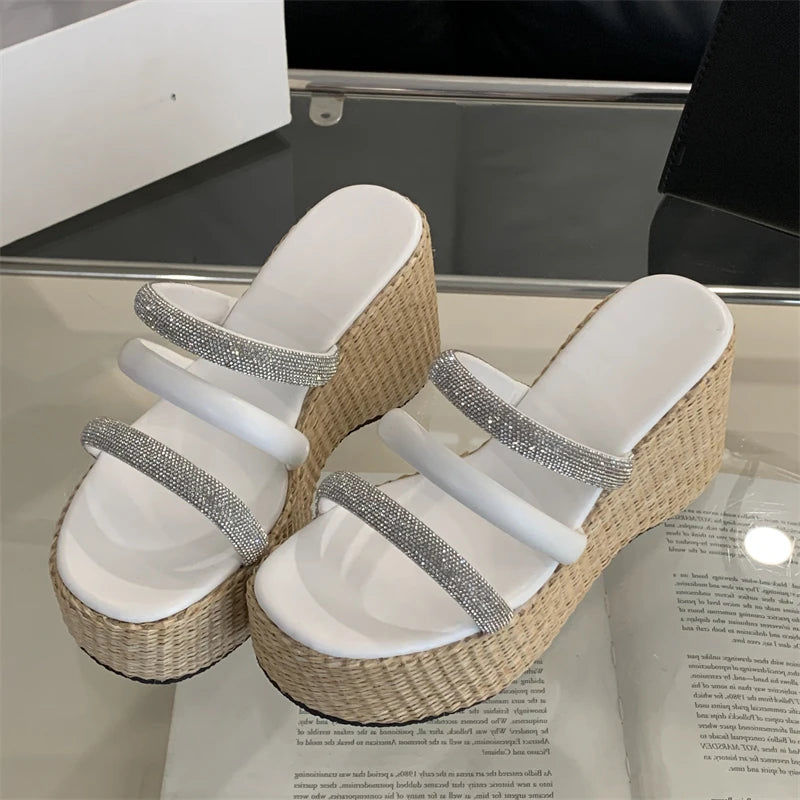 LBSFY  -  New Design Crystal Diamond Narrow Band Women Slippers Summer Platform Wedges High Heels Banquet Ladies Shoes
