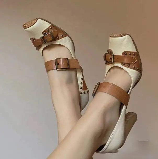 LBSFY  -  Khaki Beige Patchwork Belt Buckles Square Closed Toe Pumps Women Hollow Cuts Out Shallow Rivet Heels British Leather Shoes Lady