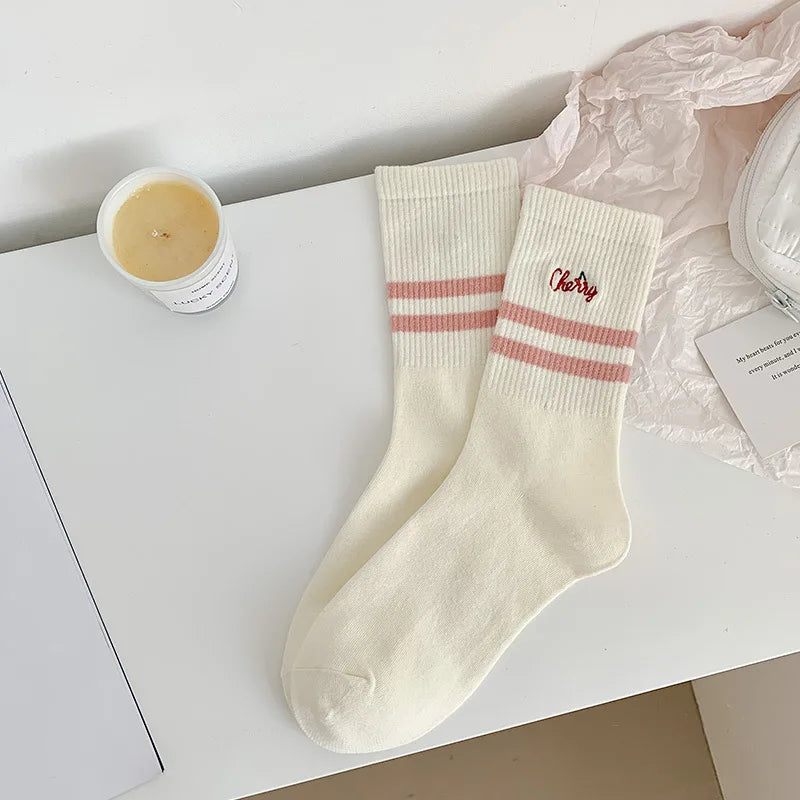 Lbsfy Women Socks Cotton Cute Rabbit Cherry Love Print Striped Ruffle Female Cartoon Animal Embroidery Stockings White Student Socks