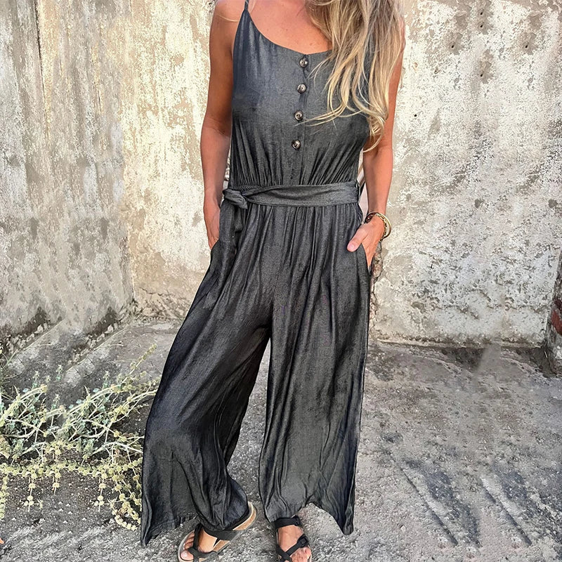 LBSFY  -  Spring Summer Sleeveless Boho Jumpsuits Women U Neck Button Pocket Sling Playsuit Summer Backless Wide Leg Pants Romper Overalls