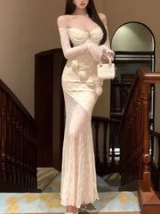 LBSFY -Sexy Elegant Slash Neck Women's Dresses Lace Patchwork Bodycon Party Off Shoulder Long Sleeves Evening Dress 2025 New Vestidos
