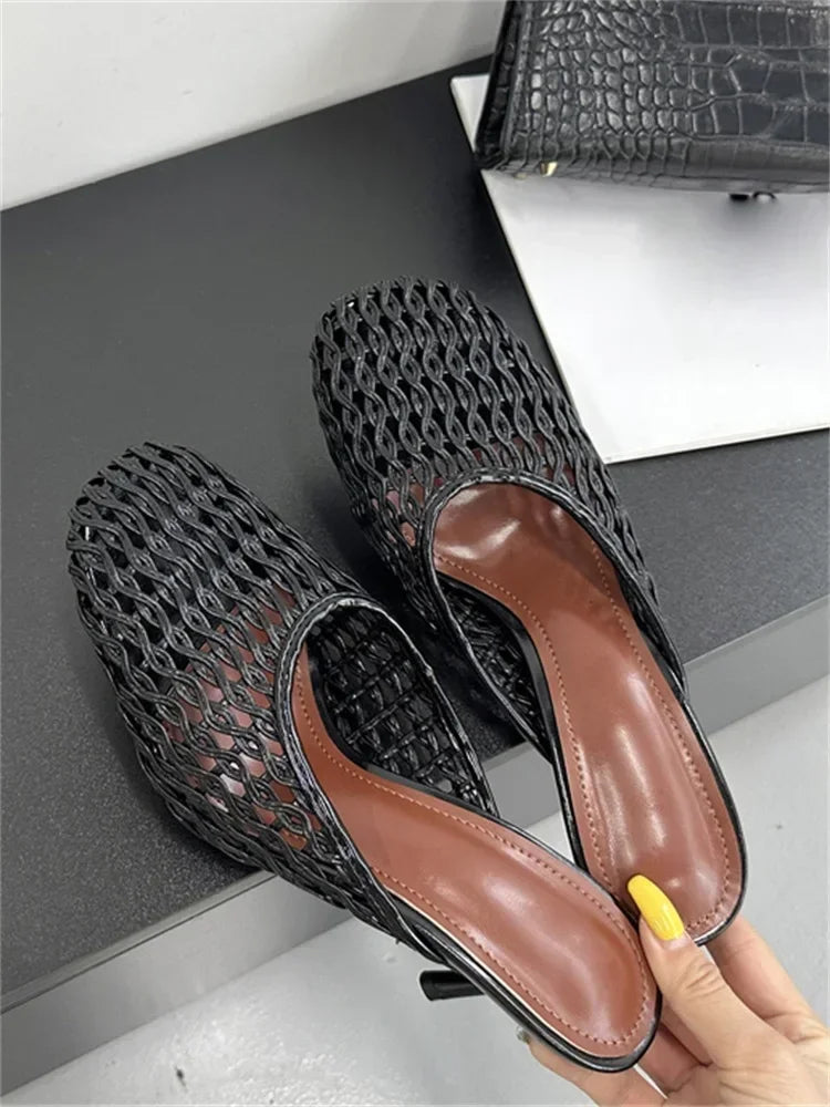 LBSFY -Summer Hollow Out Breathable Mesh Weaving Women Slippers Fashion Thin Heels Party Dress Mule Shoes Large Size 43