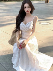 LBSFY -French Vintage Fashion Women's Sling Dresses 2025 New Summer V-Neck Slim Waist Spaghetti Strap Long Dress Casual Holiday Robe
