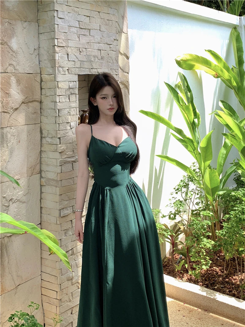 LBSFY -Women's Sexy Backless Elegant Dresses V-Neck Sleeveless Slim Waist Lace Up Strap Long Dress Summer Prom Female Clothes Outfits