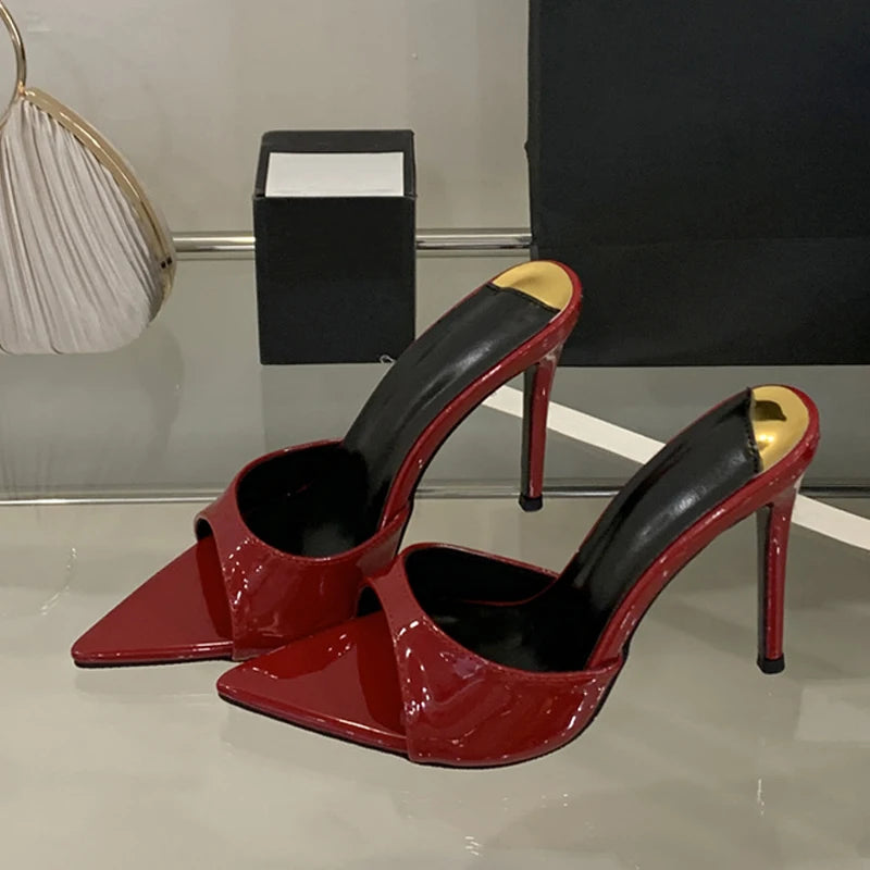 LBSFY -Summer White Patent Leather Women Slippers Sandals Sexy Leopard Print Pointed Toe Mules High Heels Party Stripper Shoes