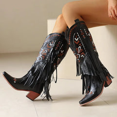 LBSFY  -  2024 Women Vintage Tassel Embroidered Western Cowboy Boots Autumn Winter Fashion Thick Heel Mid Length Chelsea Long Boots 34-48