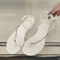 LBSFY -Summer Fashion Clip Toe Sandals Women Buckle Strap Thin Low Heels Chain Narrow Band Silver Party Dress Shoes
