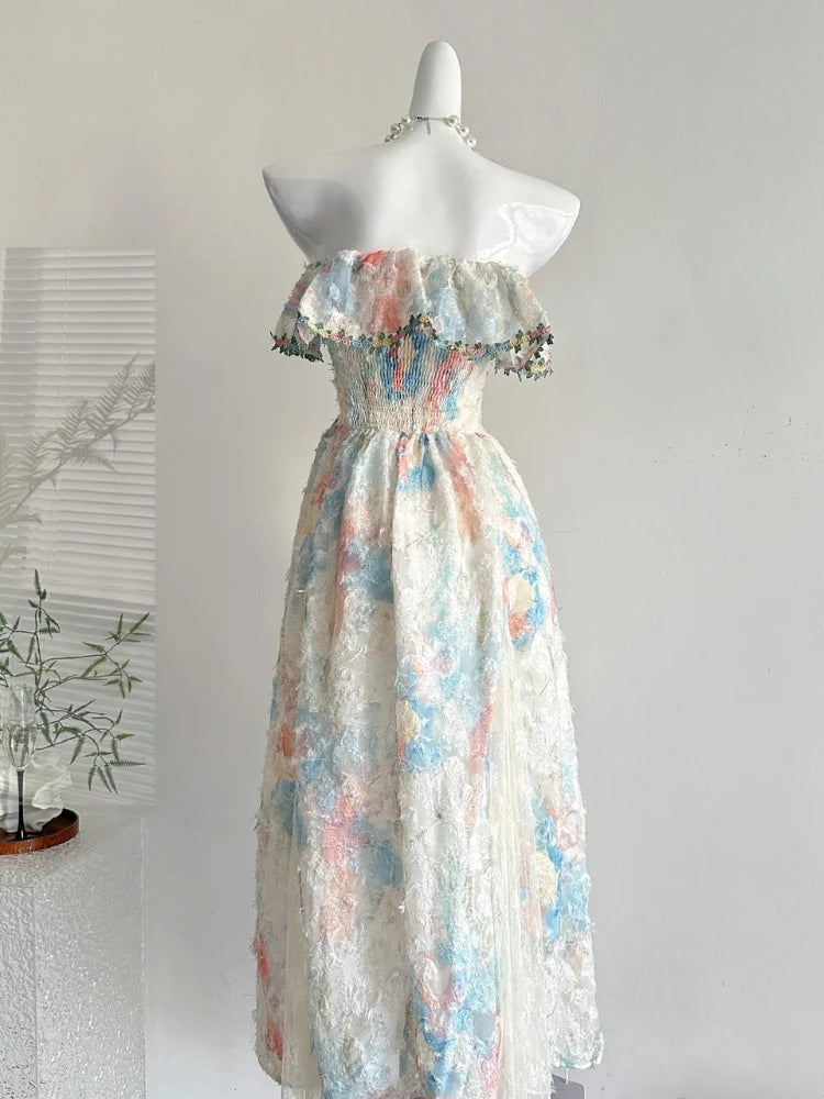 LBSFY -2025 Summer French Elegant Vacation Sweet Evening Dress Women Lace Strapless Long Vintage Dress Casual Original Design Clothes