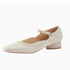 LBSFY  -  Chinese Style Horse Face Skirt Beige Velvet Pearl One Line Ankle Buckle Strap Low Heels Mary Jane Shoes Women 25 mm Heels Shoes