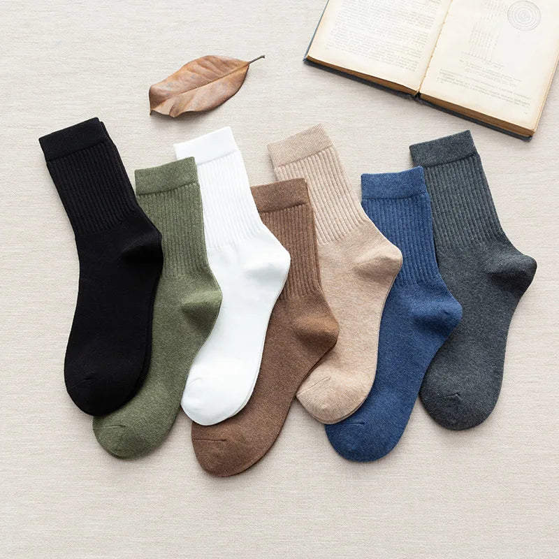 Lbsfy Men's Socks Retro Solid Color Coffee White Khaki Beige Breathable Cotton Socks Casual Sport Trendy Fashion Middle Tube Long Sock