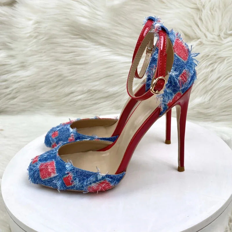 LBSFY  -  Sexy Designer Thin High Heels Women Round Toe Denim Striptease Party Banquet Shoes Height 12cm Hollow Luxury Brand Sandals Women