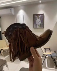 LBSFY  -  Retro Girls Ethnic Style Metal Tassel Round Toe Low Heels Slip On Short Boots Female Holidays Ankle Boots Shoes Drop Shipping