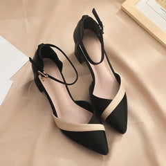 LBSFY -Women's Classic Beige Square Heel Pointed Shoes for Party Ladies Spring Summer Black Buckle PU Leather Profession Pumps