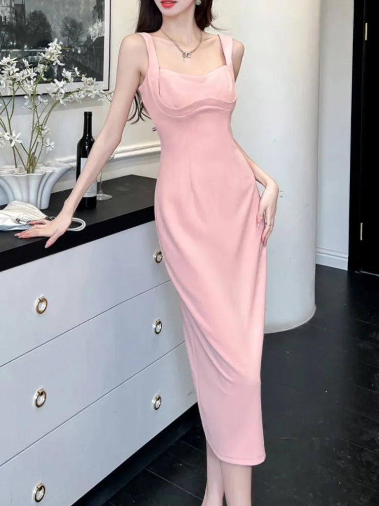 LBSFY -Women's French Vintage Solid Sling Dresses Summer Elegant Square-Collar Split Sexy Zipper Midi Dress Office Lady Party Vestidos
