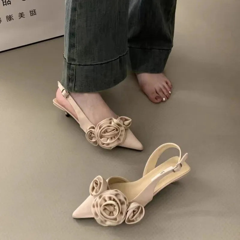LBSFY -New Brand Women Sandal Fashion Flower Ladies Elegant Dress Slingback Shoes Thin Low Heel Dress Mules Pumps