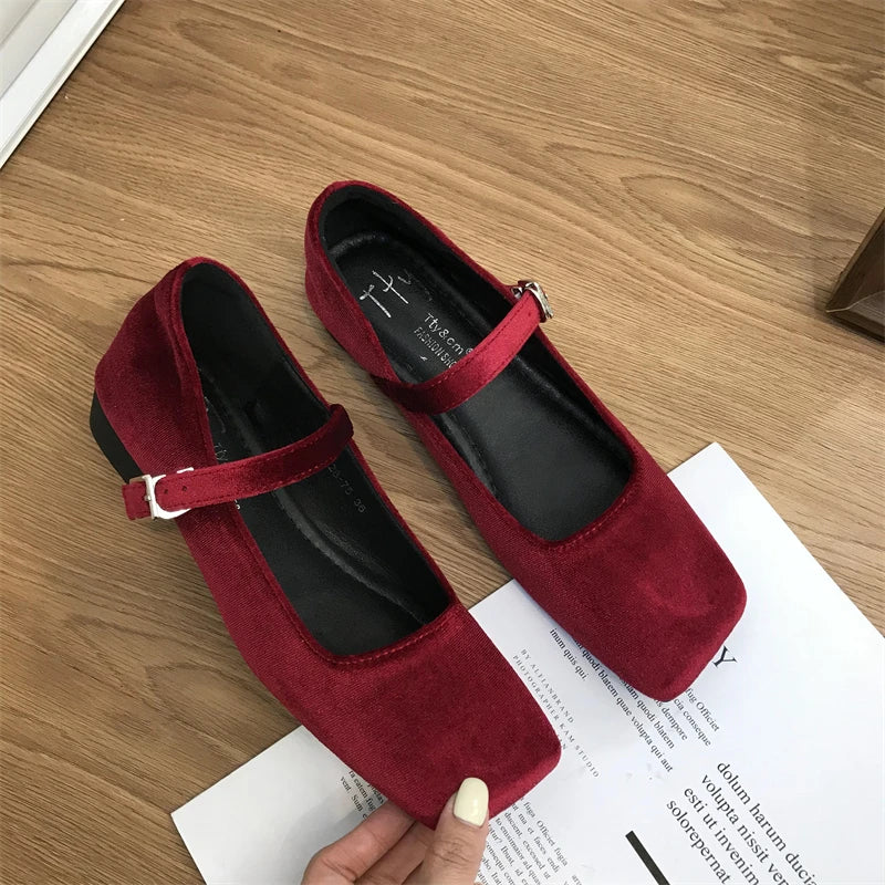 LBSFY -Fashion Women's Velvet Flats Ladies Square Toe Shallow Buckle Casual Ballet Shoes Slip-on Outdoor Mary Jane Shoes