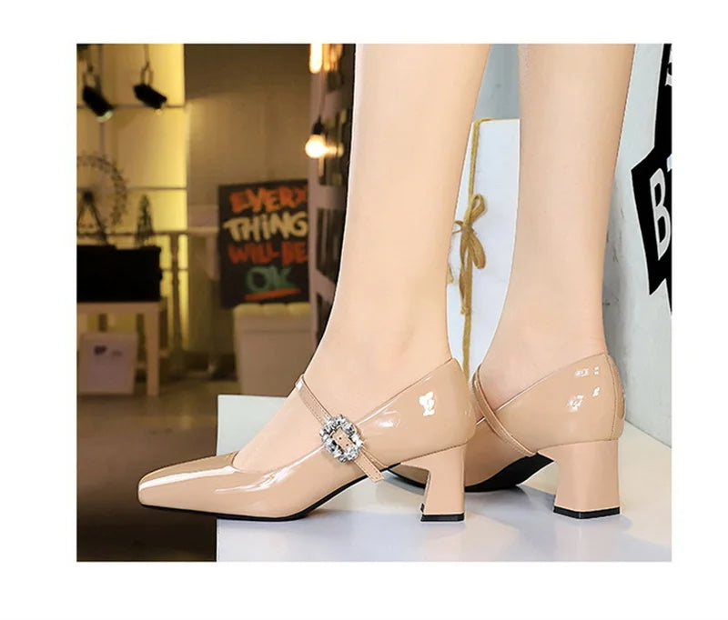 LBSFY -Banquet Mary Jane Women Single Shoes Square Toe Light Mouth Patent Leather One-Striped Rhinestone Buckle Thick Heel Medium Heel